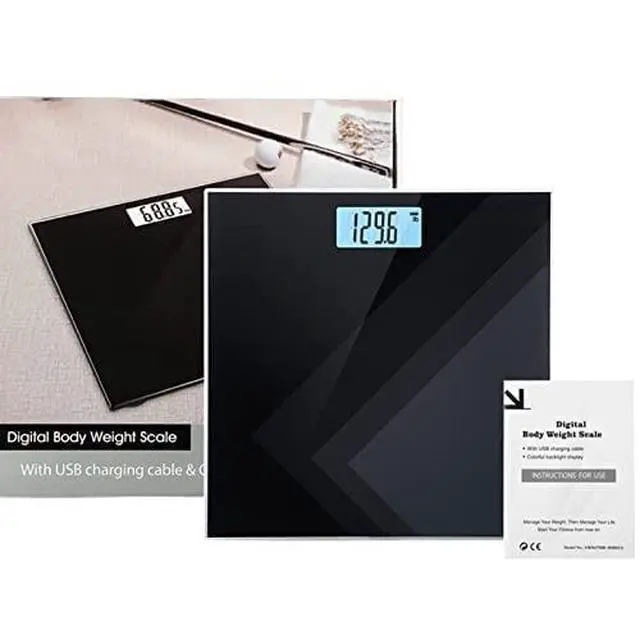 Alt view image 4 of 7 - Digital Weight Scale, USB Charging Bathroom Weight Scale, Three-Color LCD Back Light Display, Slim Design, 400Ibs/180kg, 6mm Tempered Glass (Black)