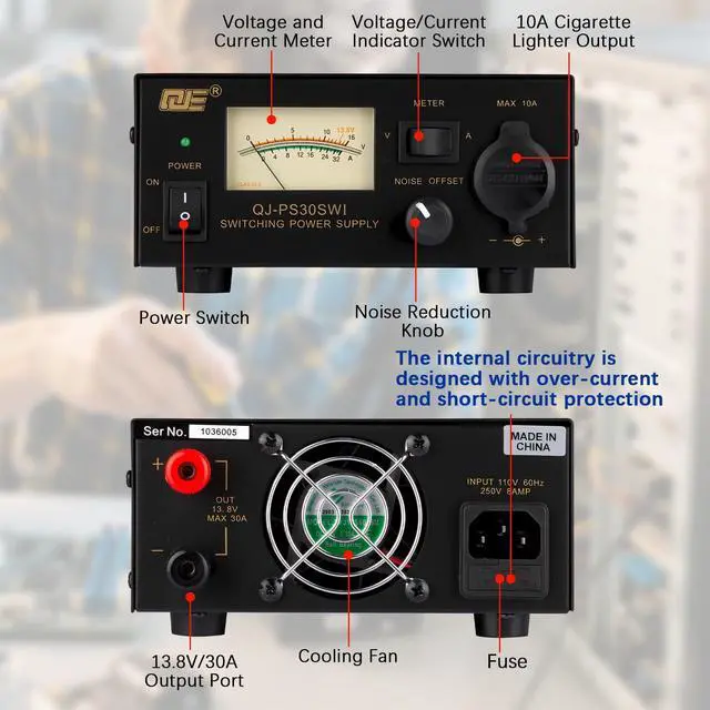Alt view image 6 of 7 - 13.8V 30A DC Power Supply for Ham Radio,Regulated Bench Power Supply with Noise Offset,Analog Lab AC to DC Switching Converter,Cigarette Plug Socket,Powering CB VHF UHF HAM Amateur Radio
