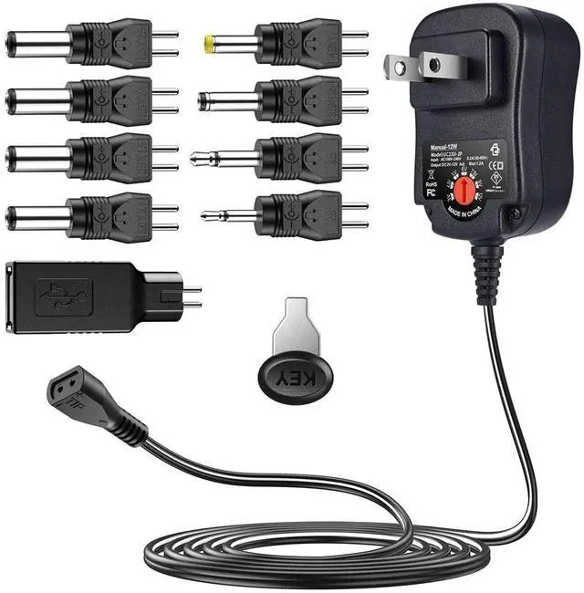 Main image of 12W Universal AC Adapter Reversible Polarity Multi Voltage DC Power Supply, with 9pcs Adaptor Tips, Compatible with 3V to 12V Household Electronics, 1.2Amp Output