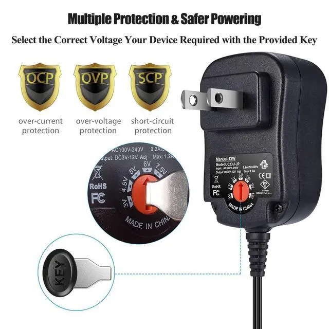 Alt view image 4 of 7 - 12W Universal AC Adapter Reversible Polarity Multi Voltage DC Power Supply, with 9pcs Adaptor Tips, Compatible with 3V to 12V Household Electronics, 1.2Amp Output