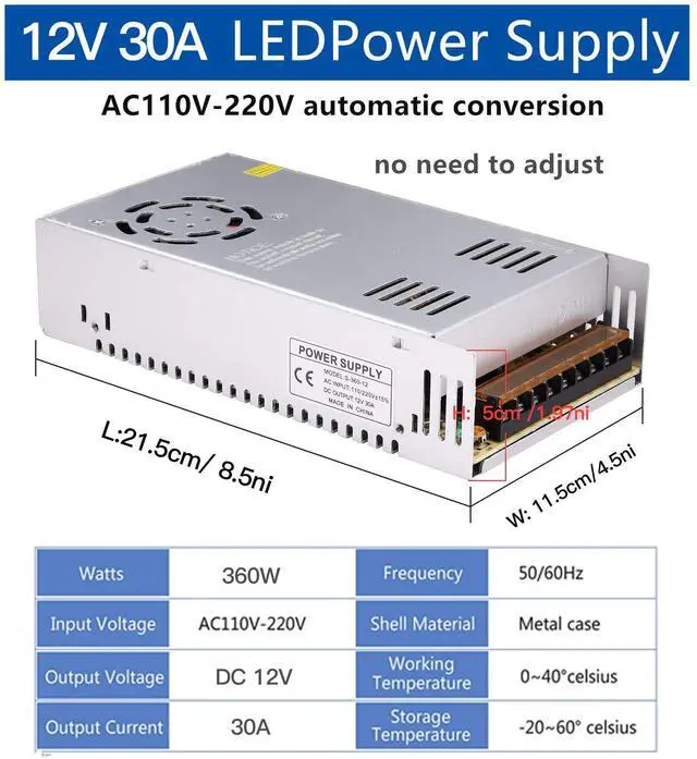 Alt view image 2 of 5 - 30A 360W 12V DC Power Supply, Universal Regulated Switching AC 110V/220V to DC Converter (SMPS) Transformer Driver Adapter for LED Strip Lights, CCTV Camera System, 3D Printer, Radio, Computer Project