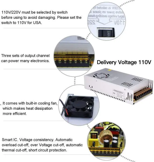 Alt view image 4 of 5 - 30A 360W 12V DC Power Supply, Universal Regulated Switching AC 110V/220V to DC Converter (SMPS) Transformer Driver Adapter for LED Strip Lights, CCTV Camera System, 3D Printer, Radio, Computer Project