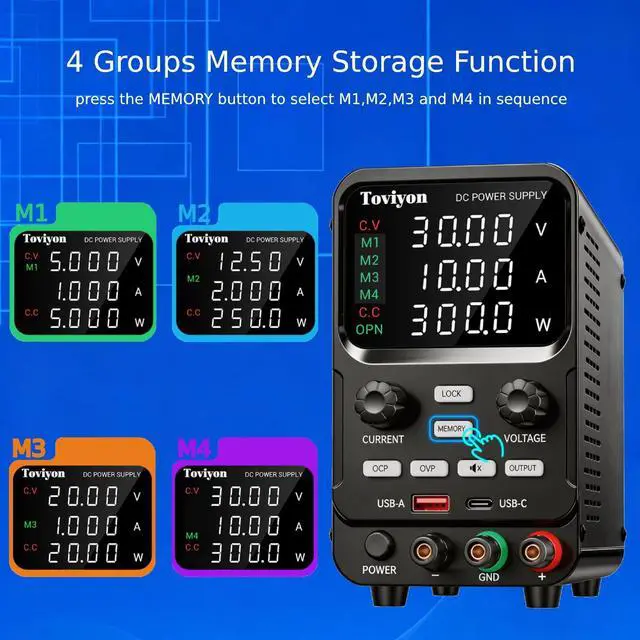 Alt view image 3 of 7 - 30V 10A DC Power Supply Variable, Adjustment Bench Power Supply with Encoder Knob, 4 Memory Presets, OCP/OVP Protection, USB-A and Type-C Fast Charge and Key Lock for Repair Lab DIY
