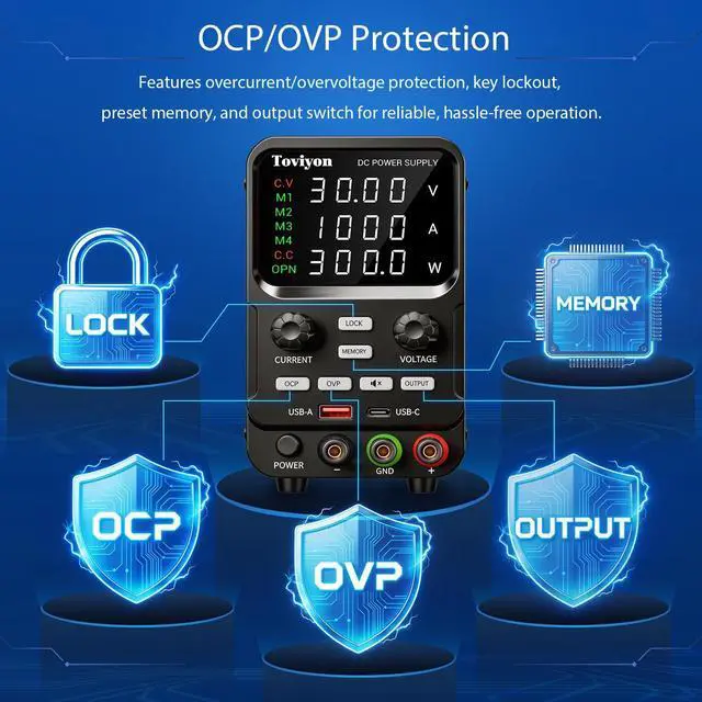 Alt view image 2 of 7 - 30V 10A DC Power Supply Variable, Adjustment Bench Power Supply with Encoder Knob, 4 Memory Presets, OCP/OVP Protection, USB-A and Type-C Fast Charge and Key Lock for Repair Lab DIY