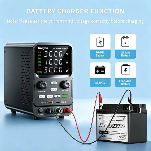 Alt view image 5 of 7 - 30V 10A DC Power Supply Variable, Adjustment Bench Power Supply with Encoder Knob, 4 Memory Presets, OCP/OVP Protection, USB-A and Type-C Fast Charge and Key Lock for Repair Lab DIY