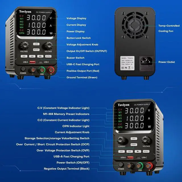 Alt view image 6 of 7 - 30V 10A DC Power Supply Variable, Adjustment Bench Power Supply with Encoder Knob, 4 Memory Presets, OCP/OVP Protection, USB-A and Type-C Fast Charge and Key Lock for Repair Lab DIY