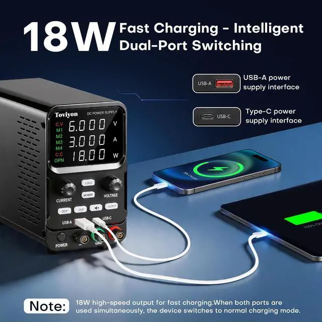Alt view image 4 of 7 - 30V 10A DC Power Supply Variable, Adjustment Bench Power Supply with Encoder Knob, 4 Memory Presets, OCP/OVP Protection, USB-A and Type-C Fast Charge and Key Lock for Repair Lab DIY