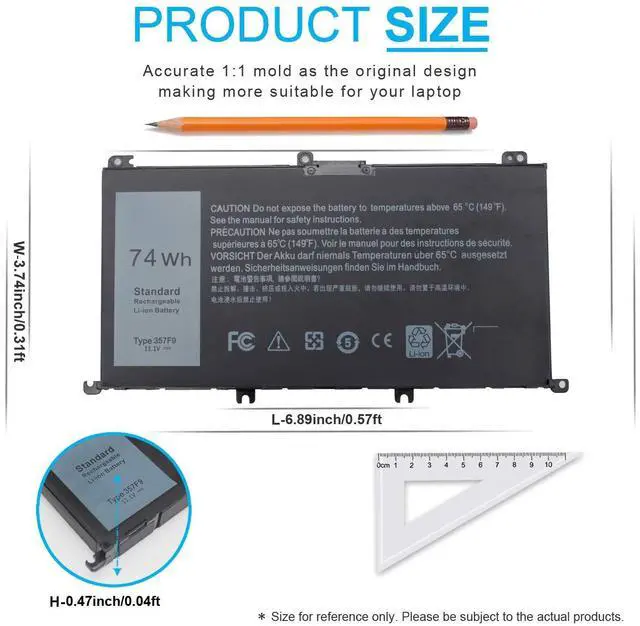 Alt view image 4 of 7 - 74Wh Type 357F9 71JF4 Battery Compatible with Dell Inspiron 15 7000 7559 7557 7567 7566 7759 15 5576 5577 INS15PD Series 15-7559 0GFJ6 P57F 071JF4 0357F9 6 Cell 11.1V 11.4V Li-ion Laptop Battery New