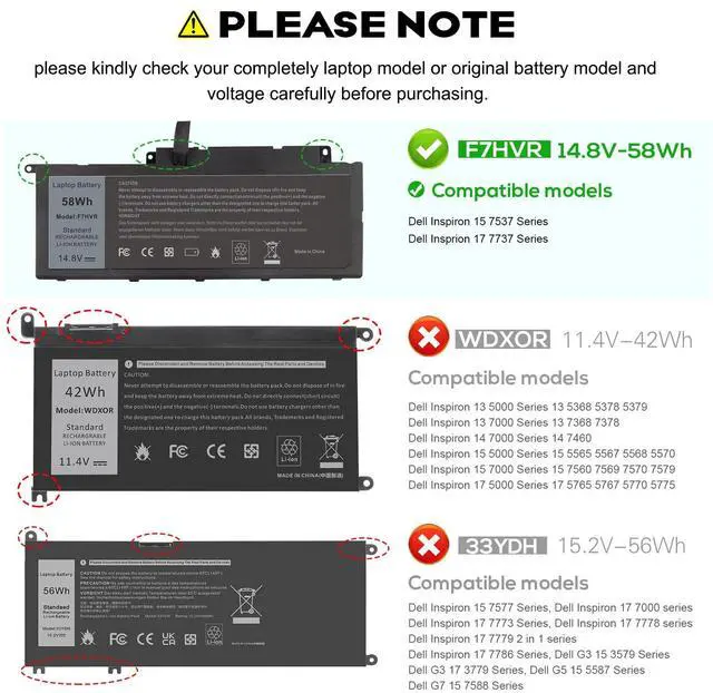 Alt view image 2 of 6 - F7HVR Notebook Battery 14.8V 58WH Replaceable for Dell Inspiron 15 7537 Dell Insprion 17 7737 Series
