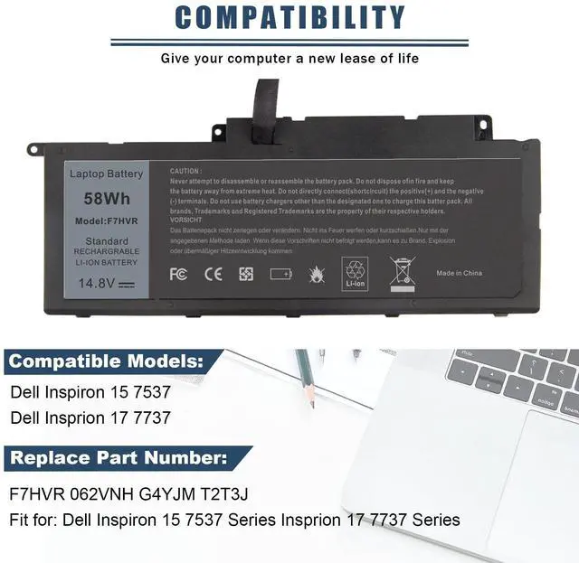 Alt view image 5 of 6 - F7HVR Notebook Battery 14.8V 58WH Replaceable for Dell Inspiron 15 7537 Dell Insprion 17 7737 Series