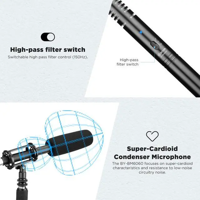 Alt view image 2 of 6 - XLR Microphone BY-BM6060 Super-Cardioid Shotgun Condenser Microphone with 24 48V Phantom Power for Camera Film Interview ENG/EFP Outdoor Recording