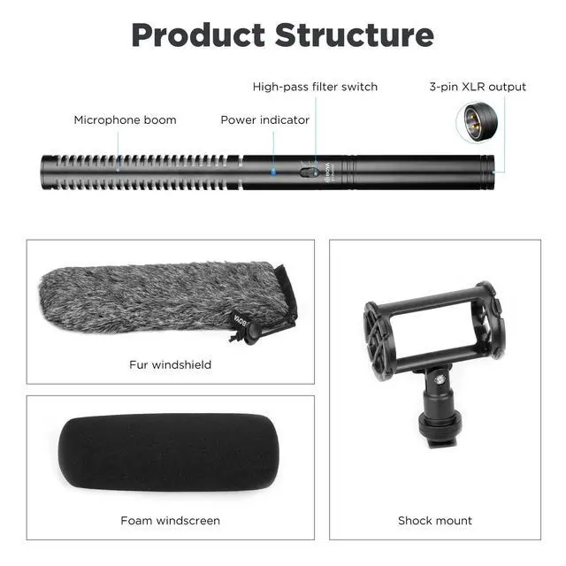 Alt view image 4 of 6 - XLR Microphone BY-BM6060 Super-Cardioid Shotgun Condenser Microphone with 24 48V Phantom Power for Camera Film Interview ENG/EFP Outdoor Recording