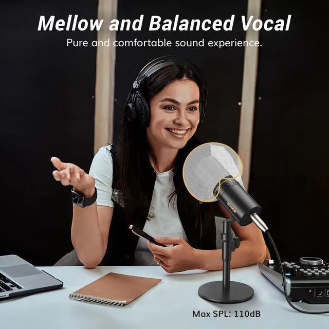 Alt view image 2 of 7 - Dynamic Podcast Microphone, XLR/USB Mic for Recording, Streaming, XLR Cardioid Studio Mic with Quick Mute, 3.5mm Jack, Volume Control, 200 cm/78inch Cable, with Desktop Stand, Black, TD520