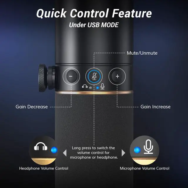 Alt view image 5 of 7 - Dynamic Podcast Microphone, XLR/USB Mic for Recording, Streaming, XLR Cardioid Studio Mic with Quick Mute, 3.5mm Jack, Volume Control, 200 cm/78inch Cable, with Desktop Stand, Black, TD520