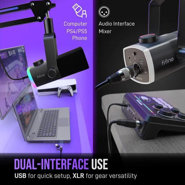 Alt view image 3 of 7 - Gaming Microphone Kit, XLR/USB Dynamic PC Microphone with Boom Arm for Podcast Recording, RGB Streaming Mic Set, Tap-to-Mute, Mix Control, Headphone Jack-AmpliGame AM8PROT