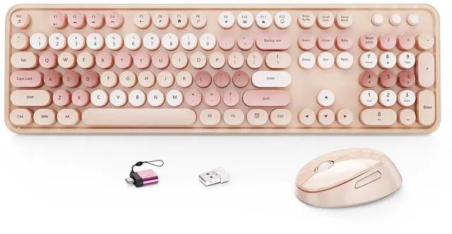 Main image of Wireless Keyboard and Mouse Combo, Full-Size Retro Typewriter Keyboard with Round Keycaps, Ergonomic Design for Windows PC, Home and Office Use -Brown