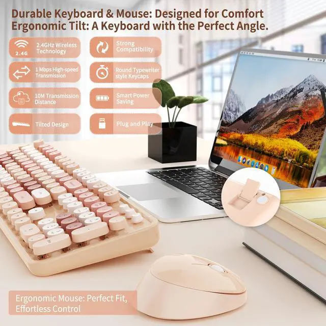 Alt view image 2 of 7 - Wireless Keyboard and Mouse Combo, Full-Size Retro Typewriter Keyboard with Round Keycaps, Ergonomic Design for Windows PC, Home and Office Use -Brown