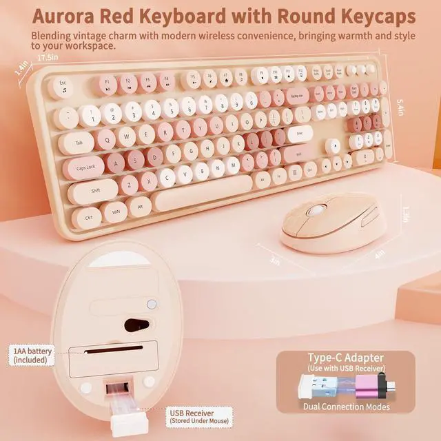 Alt view image 3 of 7 - Wireless Keyboard and Mouse Combo, Full-Size Retro Typewriter Keyboard with Round Keycaps, Ergonomic Design for Windows PC, Home and Office Use -Brown