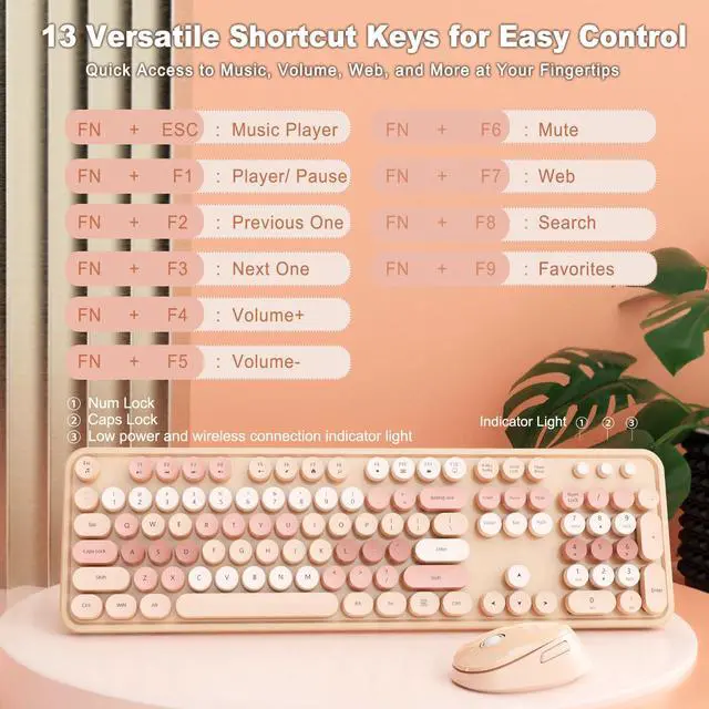 Alt view image 4 of 7 - Wireless Keyboard and Mouse Combo, Full-Size Retro Typewriter Keyboard with Round Keycaps, Ergonomic Design for Windows PC, Home and Office Use -Brown
