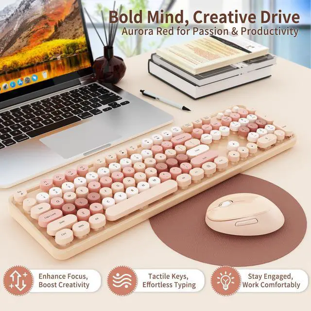 Alt view image 5 of 7 - Wireless Keyboard and Mouse Combo, Full-Size Retro Typewriter Keyboard with Round Keycaps, Ergonomic Design for Windows PC, Home and Office Use -Brown