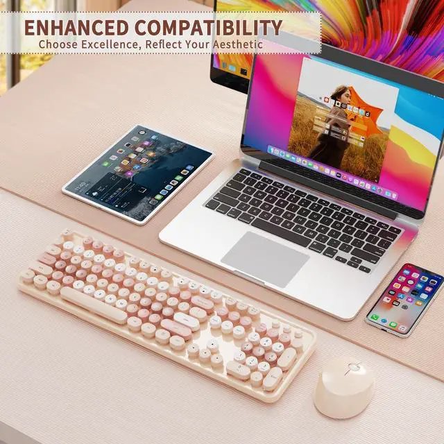 Alt view image 7 of 7 - Wireless Keyboard and Mouse Combo, Full-Size Retro Typewriter Keyboard with Round Keycaps, Ergonomic Design for Windows PC, Home and Office Use -Brown
