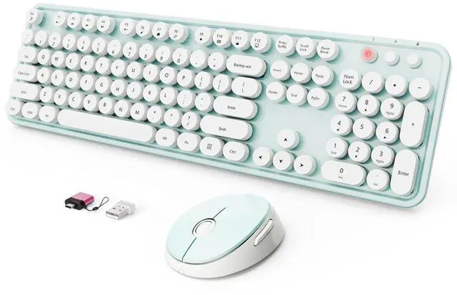 Main image of Wireless Keyboard and Mouse Combo, Ergonomic Full Size Typewriter Retro Round Keycaps Keyboard, Compatible with Windows, PC, Perfer for Home and Office KeyboardsGreen