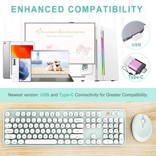 Alt view image 2 of 7 - Wireless Keyboard and Mouse Combo, Ergonomic Full Size Typewriter Retro Round Keycaps Keyboard, Compatible with Windows, PC, Perfer for Home and Office KeyboardsGreen