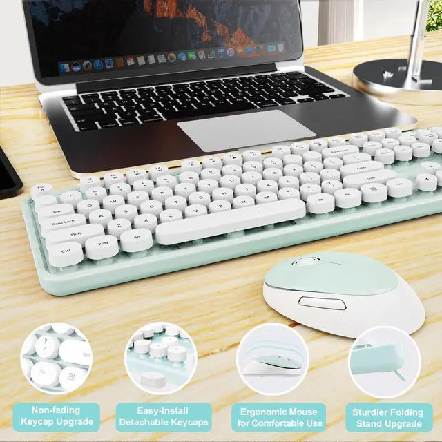 Alt view image 6 of 7 - Wireless Keyboard and Mouse Combo, Ergonomic Full Size Typewriter Retro Round Keycaps Keyboard, Compatible with Windows, PC, Perfer for Home and Office KeyboardsGreen