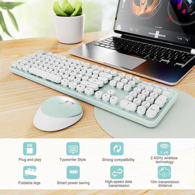 Alt view image 3 of 7 - Wireless Keyboard and Mouse Combo, Ergonomic Full Size Typewriter Retro Round Keycaps Keyboard, Compatible with Windows, PC, Perfer for Home and Office KeyboardsGreen