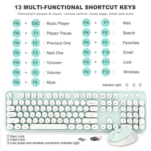 Alt view image 4 of 7 - Wireless Keyboard and Mouse Combo, Ergonomic Full Size Typewriter Retro Round Keycaps Keyboard, Compatible with Windows, PC, Perfer for Home and Office KeyboardsGreen