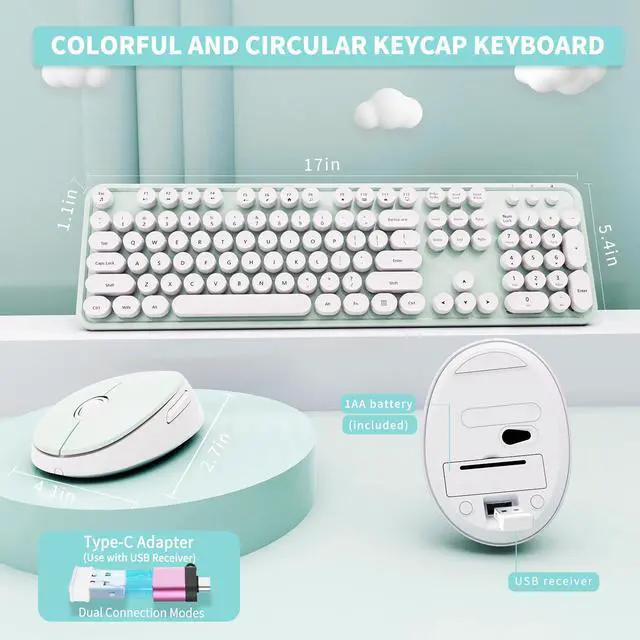 Alt view image 5 of 7 - Wireless Keyboard and Mouse Combo, Ergonomic Full Size Typewriter Retro Round Keycaps Keyboard, Compatible with Windows, PC, Perfer for Home and Office KeyboardsGreen