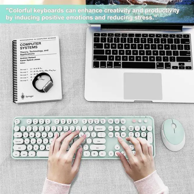 Alt view image 7 of 7 - Wireless Keyboard and Mouse Combo, Ergonomic Full Size Typewriter Retro Round Keycaps Keyboard, Compatible with Windows, PC, Perfer for Home and Office KeyboardsGreen