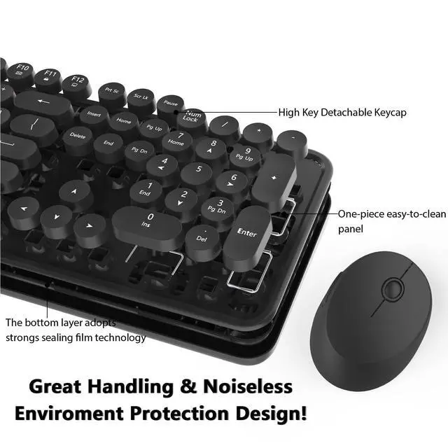Alt view image 3 of 7 - Wireless Keyboard and Mouse, Cute Black Keyboard and Mouse, 2.4G Wireless Keyboard with Retro Round Keycap for PC, Mac, Laptop,Tablet,Computer Windows (Black)
