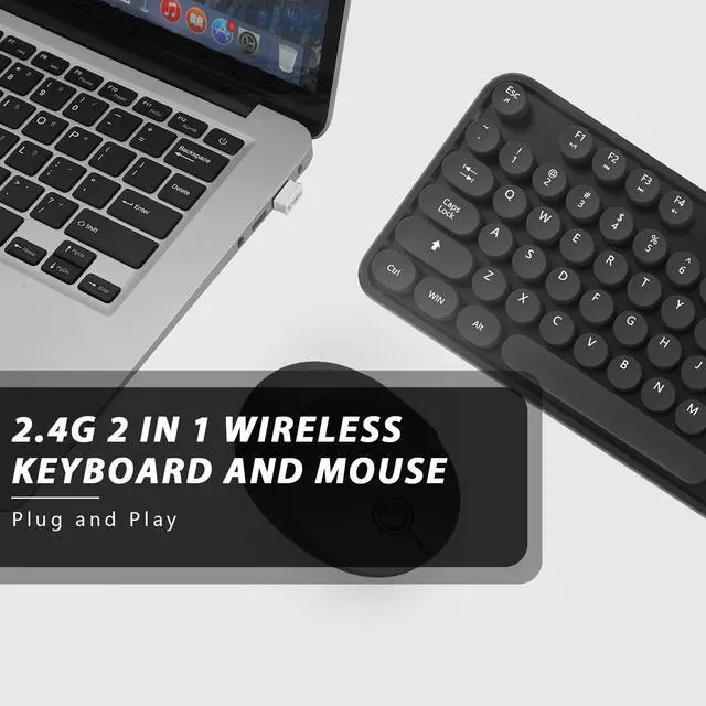 Alt view image 6 of 7 - Wireless Keyboard and Mouse Combo, Cute Full Size 104-Key Typewriter Retro Round Keycaps Keyboard for PC Laptop,Windows,Desktop,Perfer for Home and Office Keyboards (Black)
