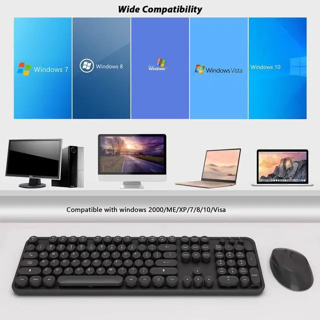 Alt view image 6 of 7 - Wireless Keyboard and Mouse, Cute Black Keyboard and Mouse, 2.4G Wireless Keyboard with Retro Round Keycap for PC, Mac, Laptop,Tablet,Computer Windows (Black)