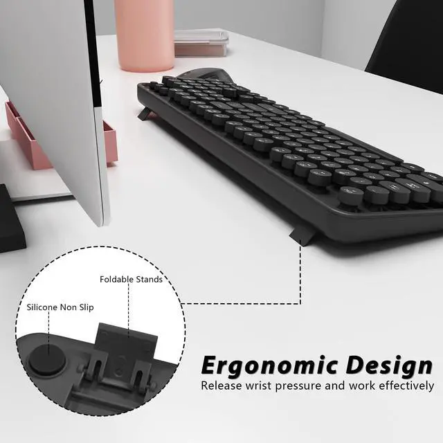 Alt view image 7 of 7 - Wireless Keyboard and Mouse, Cute Black Keyboard and Mouse, 2.4G Wireless Keyboard with Retro Round Keycap for PC, Mac, Laptop,Tablet,Computer Windows (Black)