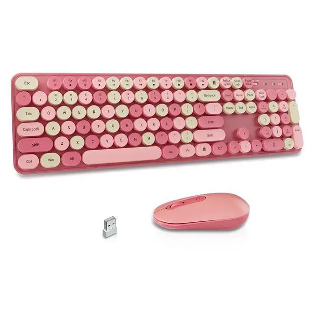 Main image of Wireless Keyboard and Mouse Combo, Round Keycaps, Retro Typewriter Keyboard Silent, Auto Sleep, 2.4G Wireless Connection for PC/Windows/Mac (Pink)