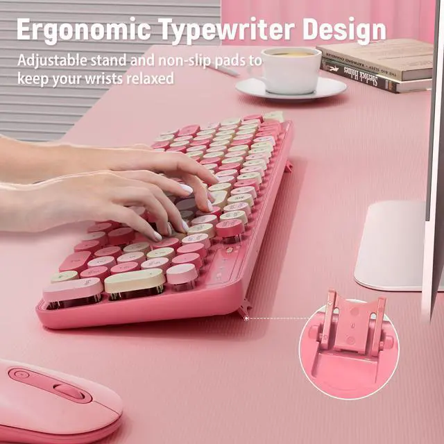 Alt view image 2 of 7 - Wireless Keyboard and Mouse Combo, Round Keycaps, Retro Typewriter Keyboard Silent, Auto Sleep, 2.4G Wireless Connection for PC/Windows/Mac (Pink)