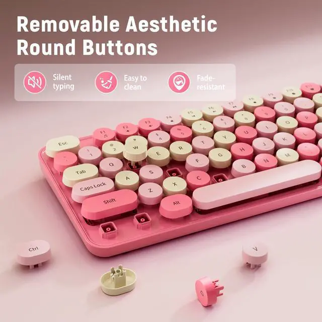 Alt view image 3 of 7 - Wireless Keyboard and Mouse Combo, Round Keycaps, Retro Typewriter Keyboard Silent, Auto Sleep, 2.4G Wireless Connection for PC/Windows/Mac (Pink)