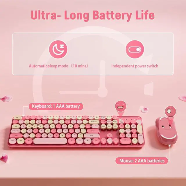 Alt view image 5 of 7 - Wireless Keyboard and Mouse Combo, Round Keycaps, Retro Typewriter Keyboard Silent, Auto Sleep, 2.4G Wireless Connection for PC/Windows/Mac (Pink)
