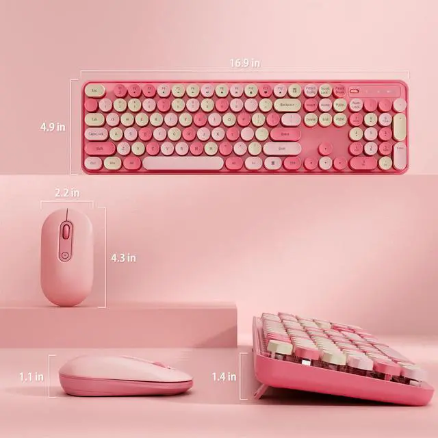 Alt view image 6 of 7 - Wireless Keyboard and Mouse Combo, Round Keycaps, Retro Typewriter Keyboard Silent, Auto Sleep, 2.4G Wireless Connection for PC/Windows/Mac (Pink)