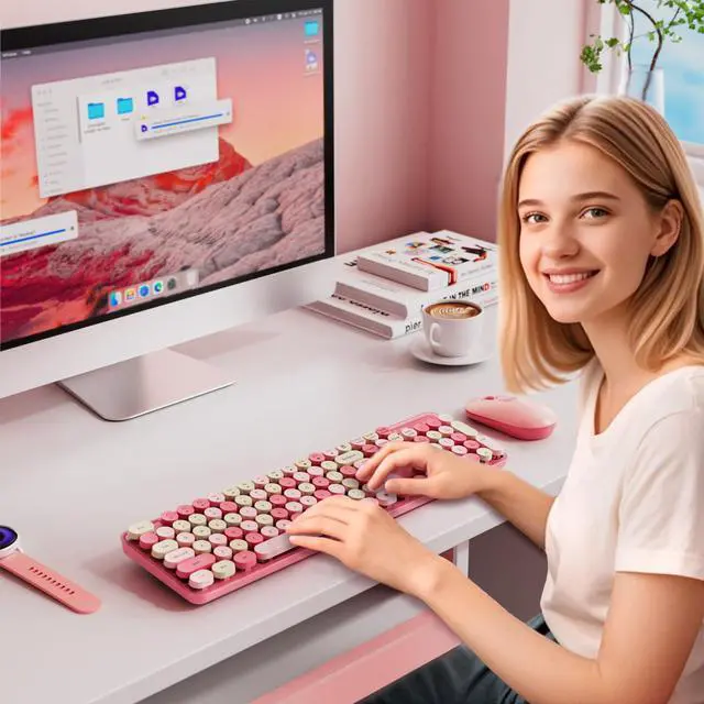 Alt view image 7 of 7 - Wireless Keyboard and Mouse Combo, Round Keycaps, Retro Typewriter Keyboard Silent, Auto Sleep, 2.4G Wireless Connection for PC/Windows/Mac (Pink)