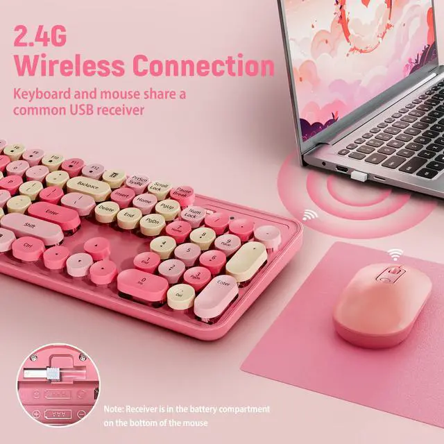 Alt view image 4 of 7 - Wireless Keyboard and Mouse Combo, Round Keycaps, Retro Typewriter Keyboard Silent, Auto Sleep, 2.4G Wireless Connection for PC/Windows/Mac (Pink)