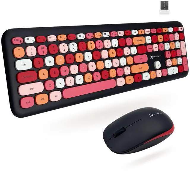 Main image of Cute Wireless Keyboard and Mouse Combo - 2.4G Colorful Keyboard and Mouse Wireless with Retro Multi-Colored Typewriter, Keycaps for Windows Computer Keyboard, Laptop - Black