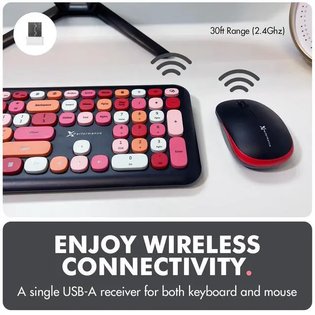 Alt view image 2 of 7 - Cute Wireless Keyboard and Mouse Combo - 2.4G Colorful Keyboard and Mouse Wireless with Retro Multi-Colored Typewriter, Keycaps for Windows Computer Keyboard, Laptop - Black