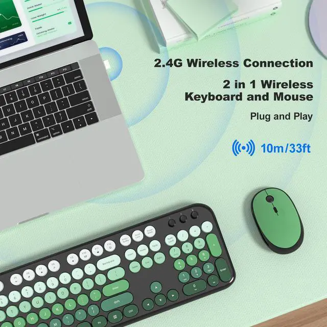 Alt view image 4 of 7 - Wireless Keyboard and Mouse Combo, Cute Keyboard Full Size and Wireless Mouse, 2.4GHz Retro Typewriter Keyboard Mouse Set for PC/Desktop/Laptop/Windows (Black Green)