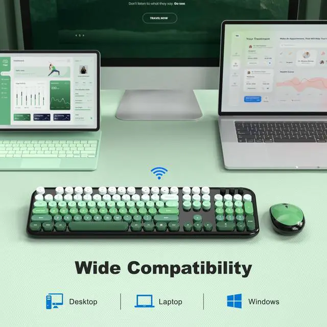 Alt view image 6 of 7 - Wireless Keyboard and Mouse Combo, Cute Keyboard Full Size and Wireless Mouse, 2.4GHz Retro Typewriter Keyboard Mouse Set for PC/Desktop/Laptop/Windows (Black Green)