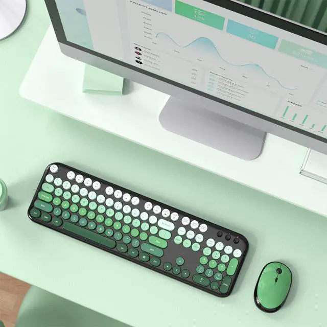 Alt view image 7 of 7 - Wireless Keyboard and Mouse Combo, Cute Keyboard Full Size and Wireless Mouse, 2.4GHz Retro Typewriter Keyboard Mouse Set for PC/Desktop/Laptop/Windows (Black Green)