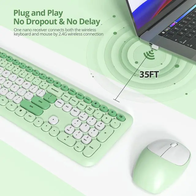 Alt view image 2 of 6 - Typewriter Wireless Keyboard and Mouse Combo,2.4G Office 104 Keys Full-Sized Retro Punk Keyboard,Cute Black with Round Keycaps for Laptop PC Desktops (Green White)