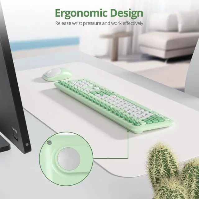 Alt view image 3 of 6 - Typewriter Wireless Keyboard and Mouse Combo,2.4G Office 104 Keys Full-Sized Retro Punk Keyboard,Cute Black with Round Keycaps for Laptop PC Desktops (Green White)